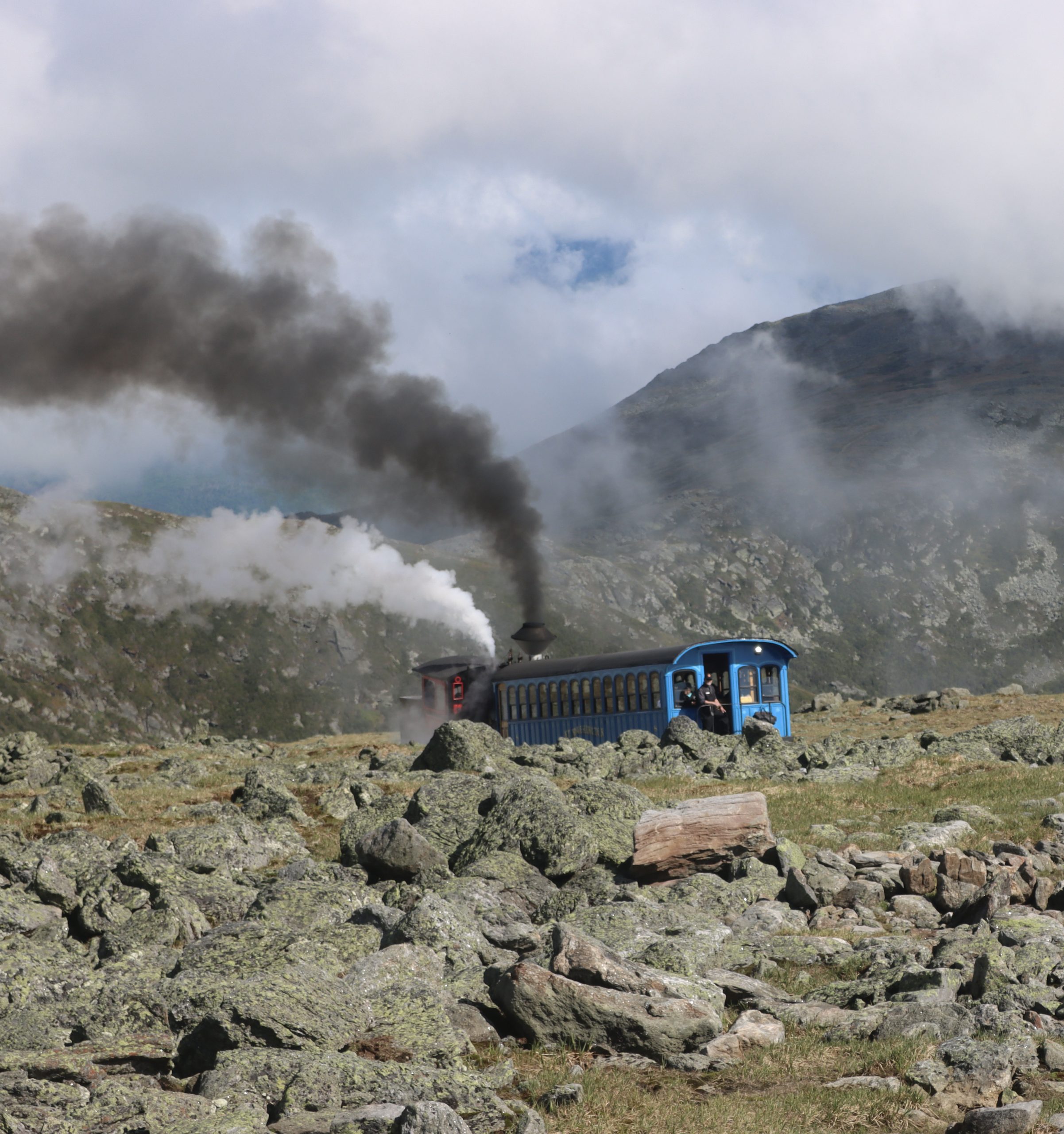 Coal burning Cog approaching the Lizzie Bourne Memorial. (Photo: Jamie Sayen.)